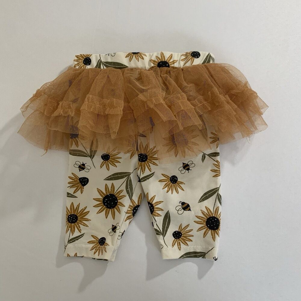 PL Baby Tutu Skirted Leggings 6M Ivory Bees Flowers Tan Tulle Pull On‎ Stretch
